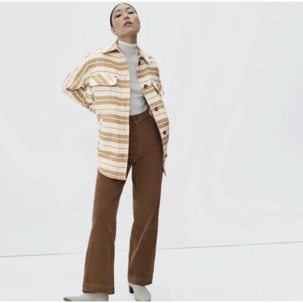 Everlane Oversized Shirt Jacket Shacked Sz XXS Cream Striped Plaid Button Cotton